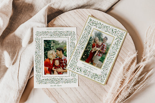 Printable Green Botanical Christmas Photo Holiday Cards - Set of 3